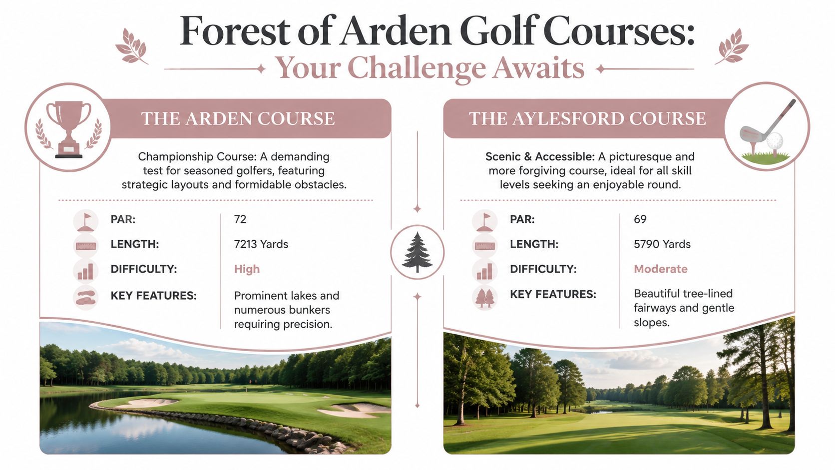 An infographic comparing the Arden and Aylesford golf courses at the Forest of Arden.