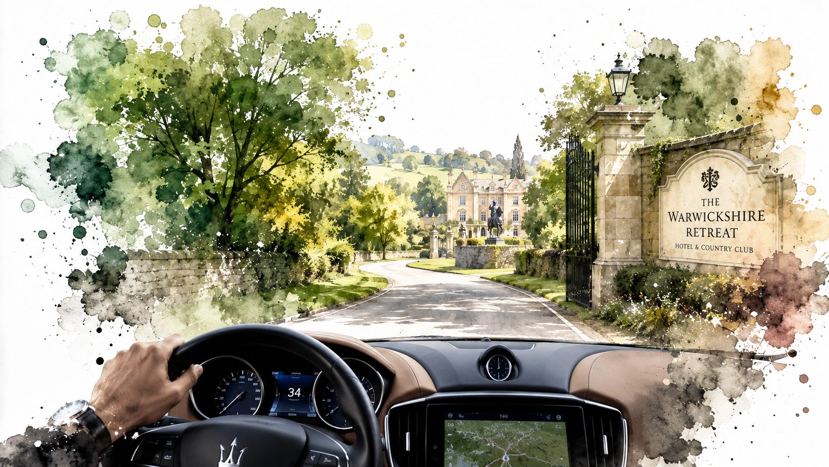 A view from inside a luxury Maserati car driving towards The Warwickshire Retreat hotel and country club entrance.