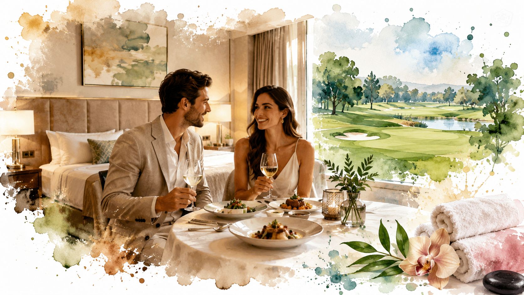 A romantic couple enjoying a luxurious dinner inside a hotel room overlooking the Forest of Arden golf course.