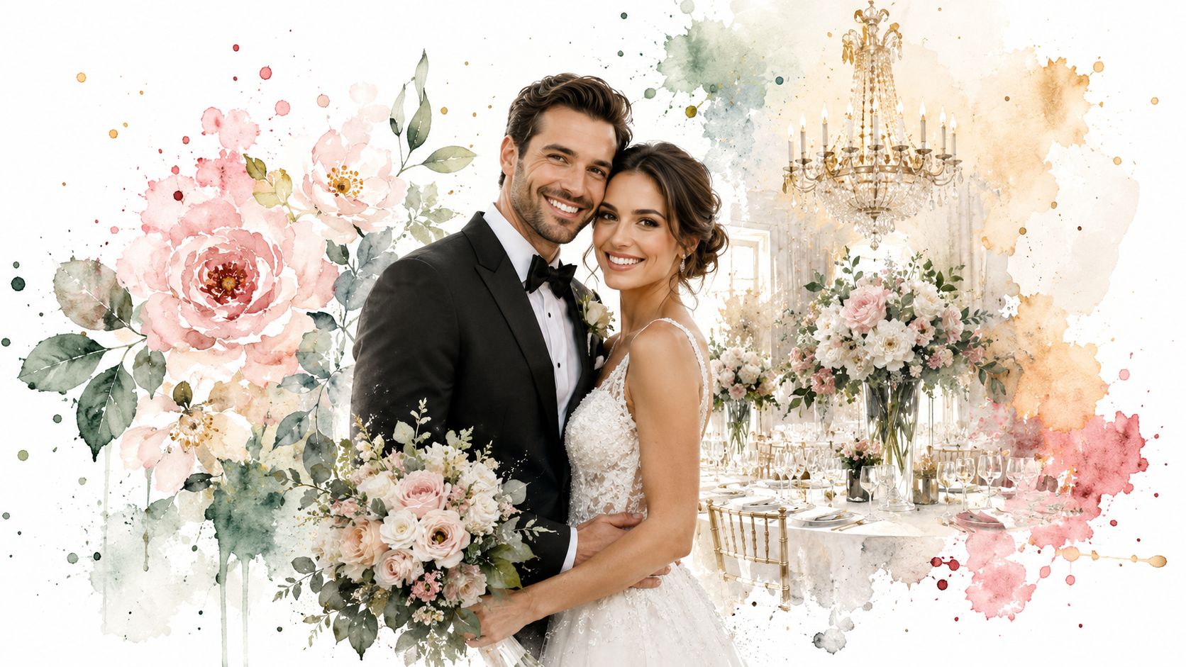 A happy bride and groom posing for their wedding portrait with elegant floral watercolor artistic effects.