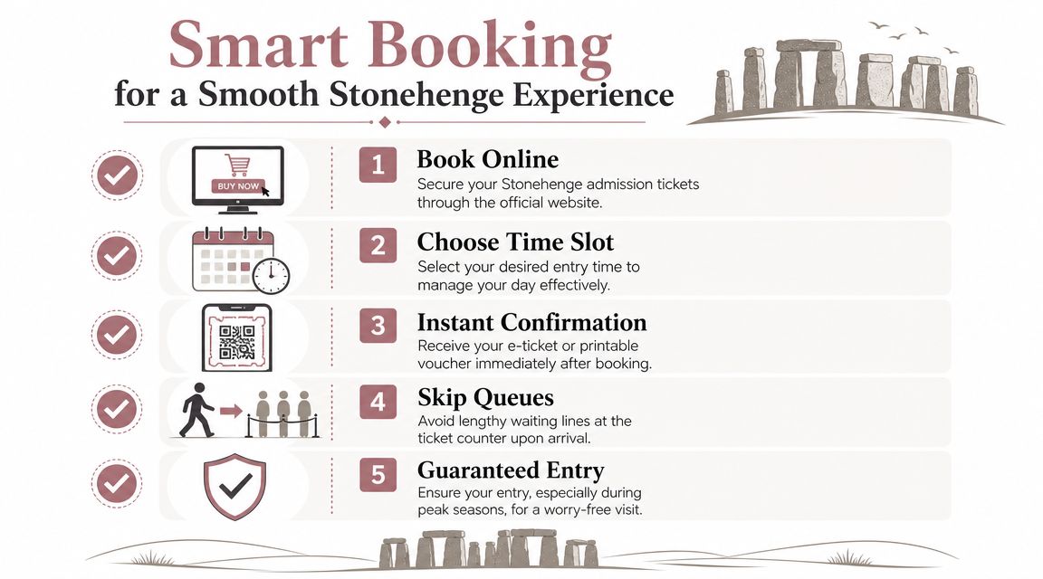 An infographic detailing five simple steps for booking Stonehenge tickets online for a smooth visitor experience.