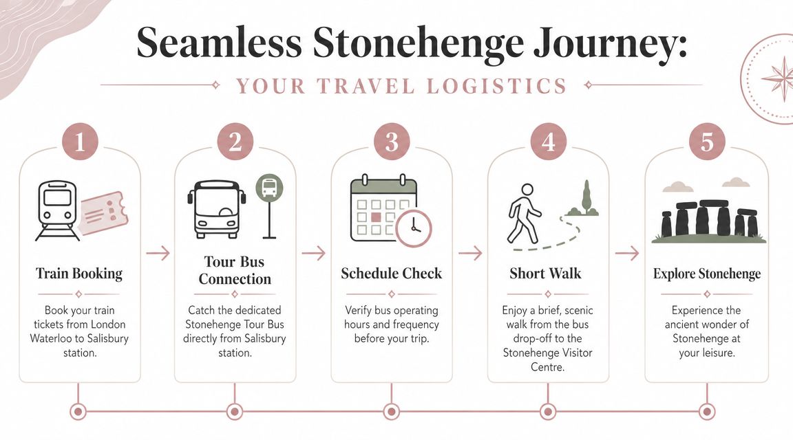 An infographic showing a five-step travel guide for journeying from London to Stonehenge via train and bus.