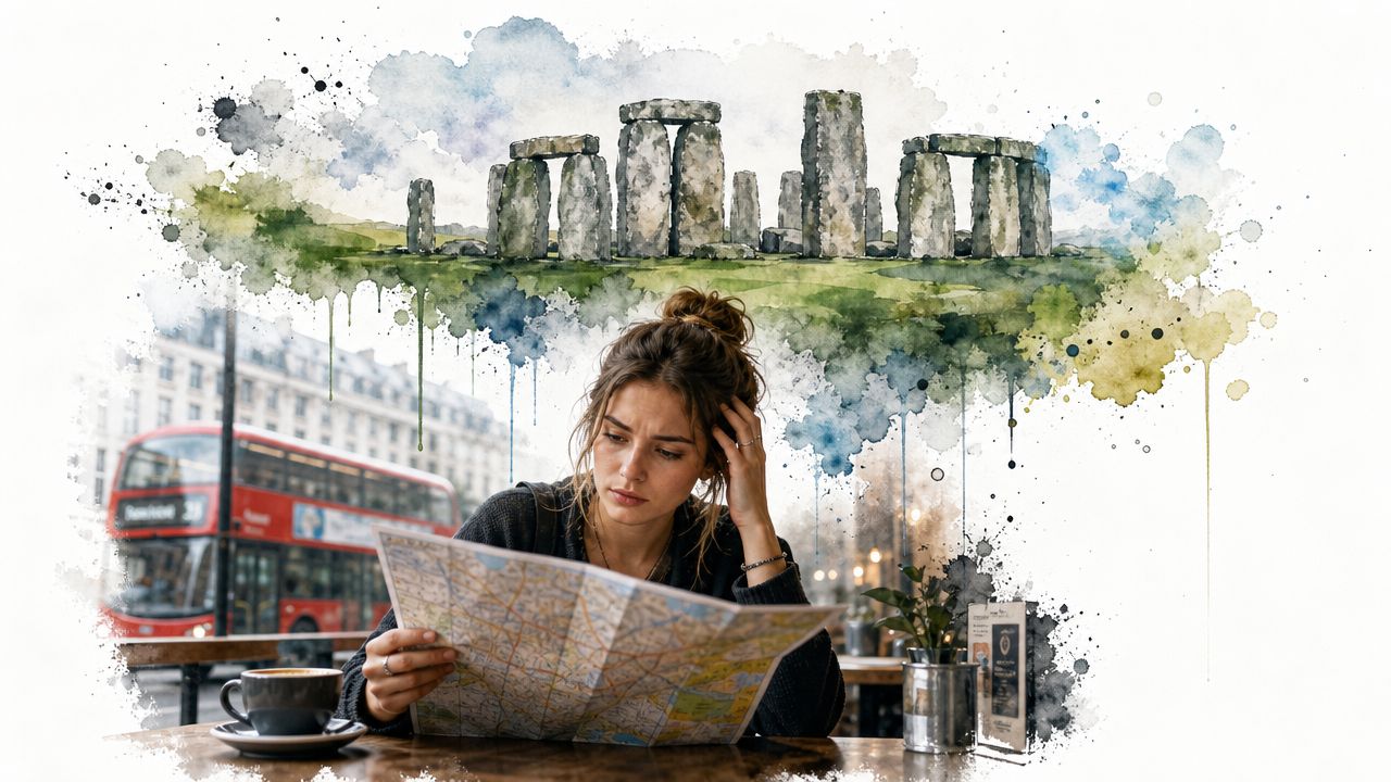 A woman looks at a map in a London cafe, dreaming of visiting the historic Stonehenge monument.