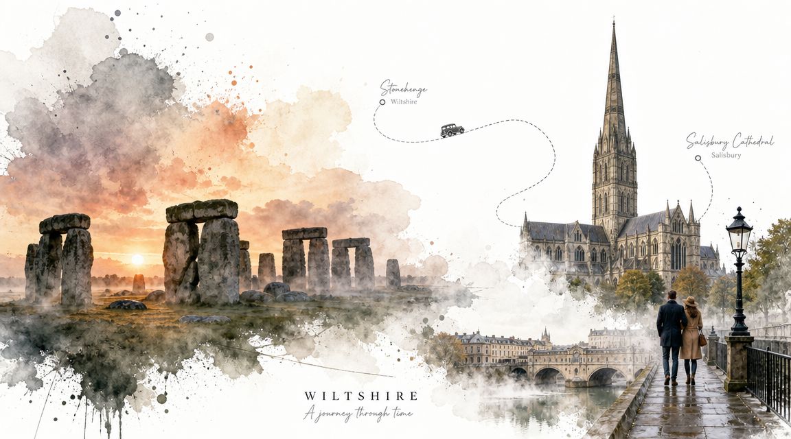 An artistic watercolor illustration showing Stonehenge and Salisbury Cathedral with a couple walking in Wiltshire.