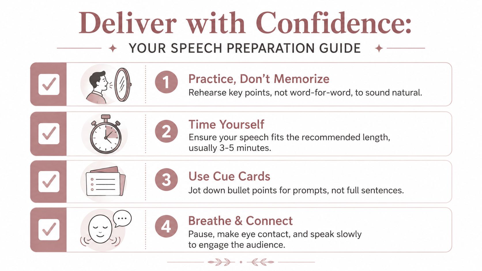 A speech preparation guide infographic featuring four numbered steps for delivering a confident public presentation.