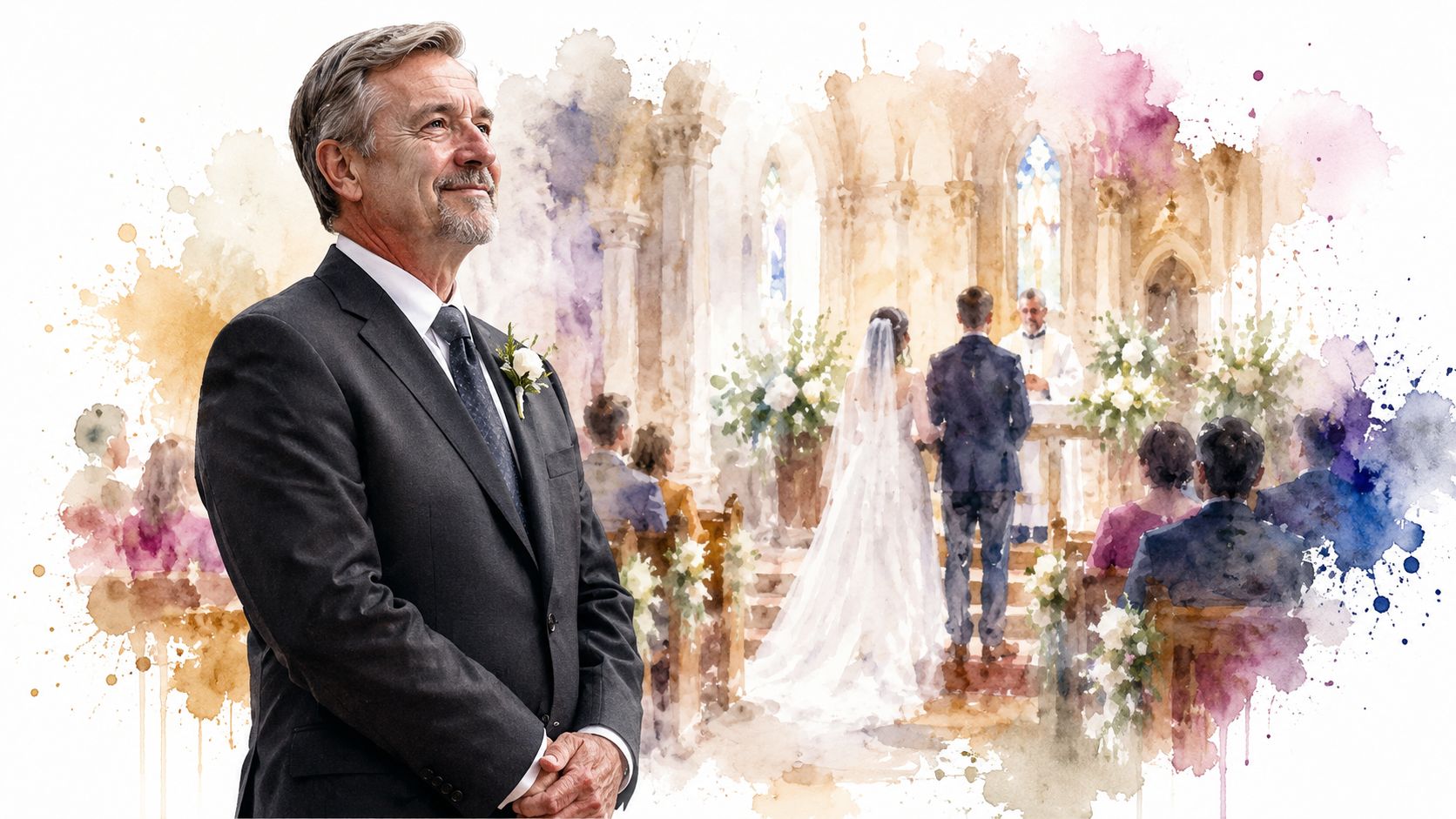 The groom's father smiling proudly during a wedding ceremony with a soft watercolor artistic effect.