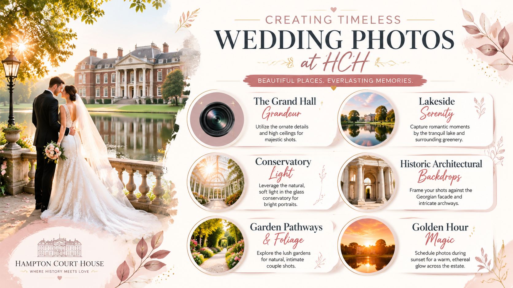 A bride and groom posing for a romantic wedding photo in front of the historic Hampton Court House.