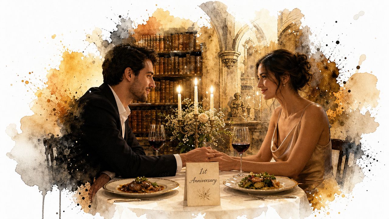 A romantic couple celebrates their first wedding anniversary with a candlelit dinner in a cozy library.