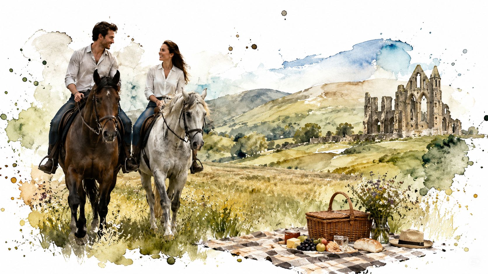 A romantic couple on horseback rides through a scenic landscape with a historic abbey near a picnic.