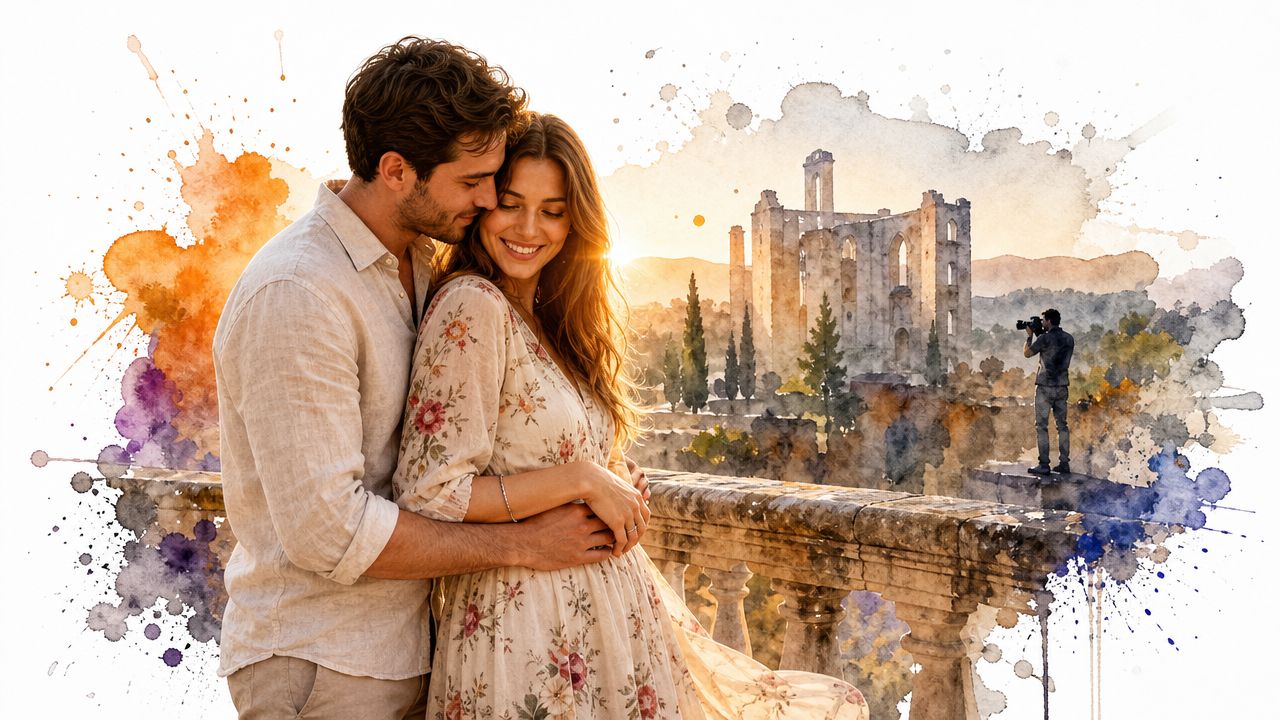 A romantic couple embracing on a stone balcony during sunset with ancient ruins in the background.