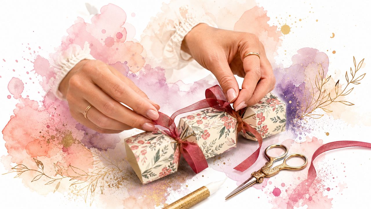 A pair of hands tying a ribbon on a decorated, hand-crafted Christmas cracker kit.