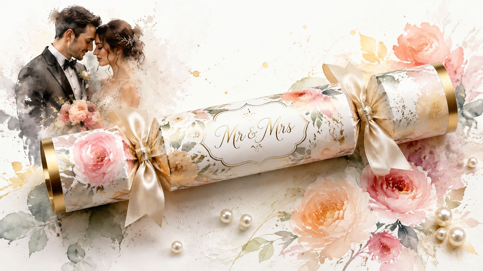A wedding-themed Christmas cracker decorated with soft watercolor roses, gold foil, and a couple in the background.