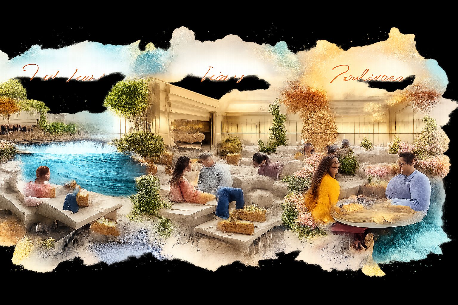 Watercolor artistic illustration of people relaxing and dining in a serene garden resort setting with water features.