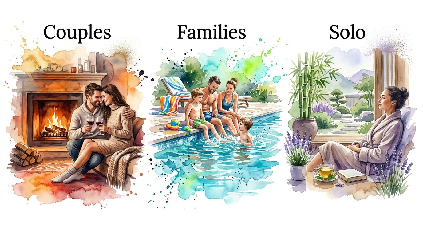 Watercolor illustration depicting three vacation types: couples by a fireplace, families in a pool, and solo relaxation.