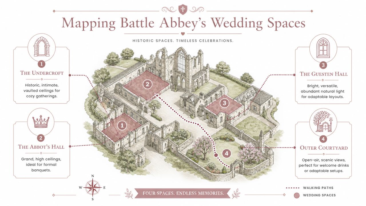 A map illustration showing four historic wedding venue spaces at Battle Abbey with their respective walking paths.