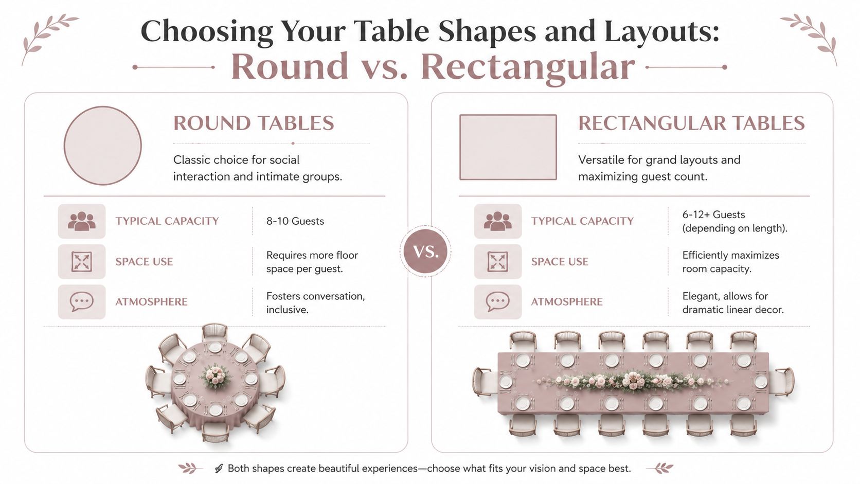 A comparison infographic showing the differences between round tables and rectangular tables for wedding seating arrangements.