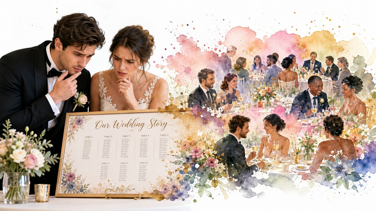 A concerned bride and groom look at their wedding reception table seating plan chart.