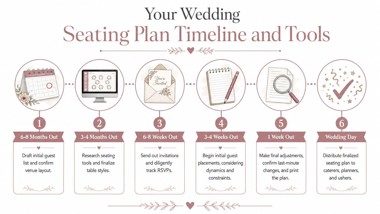 A six-step infographic timeline detailing the process and tools for planning wedding seating arrangements.