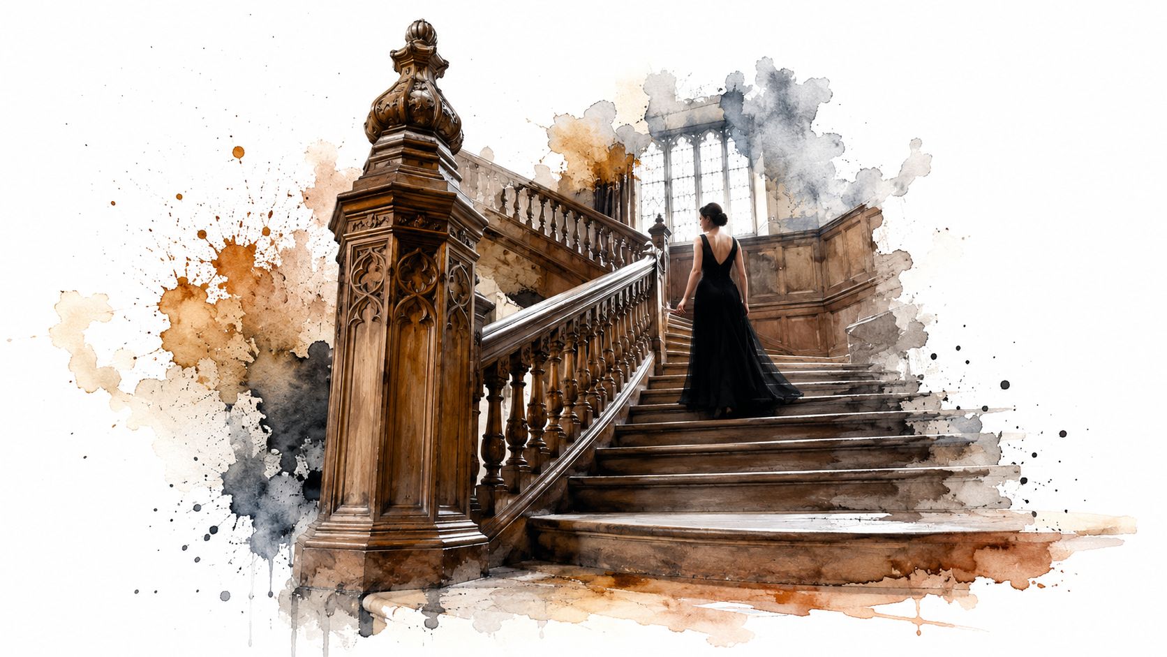 A woman in a black evening gown walking up the ornate wooden staircase of a historic manor.