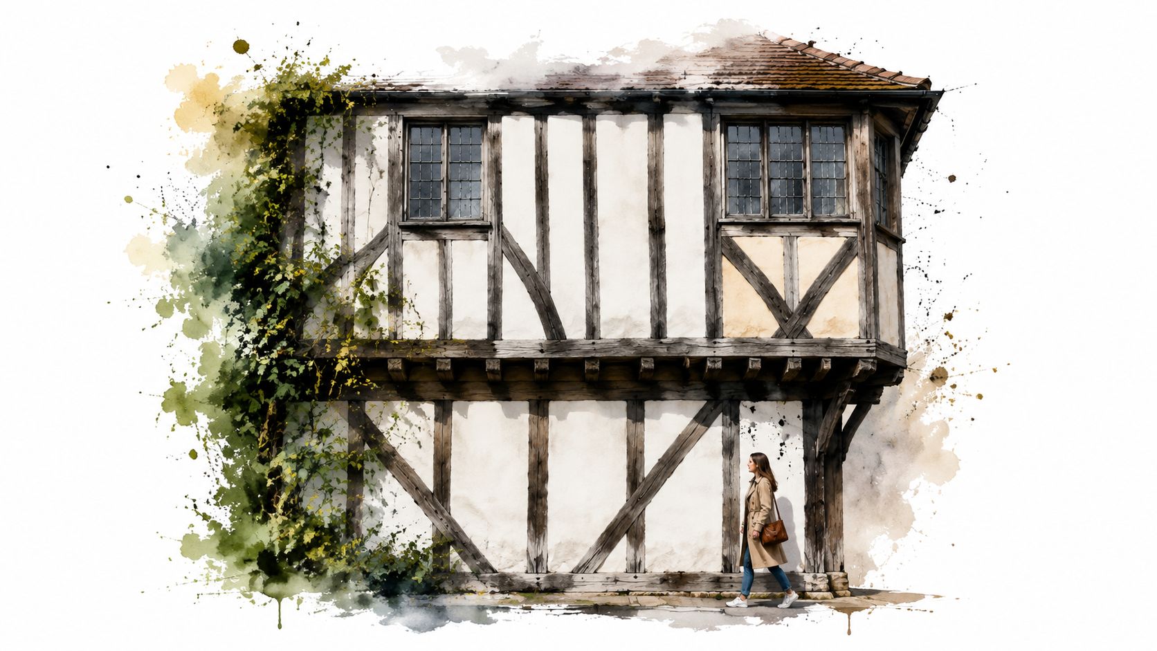 A young woman walking past a charming, historic Tudor-style building with exposed timber framing and ivy vines.