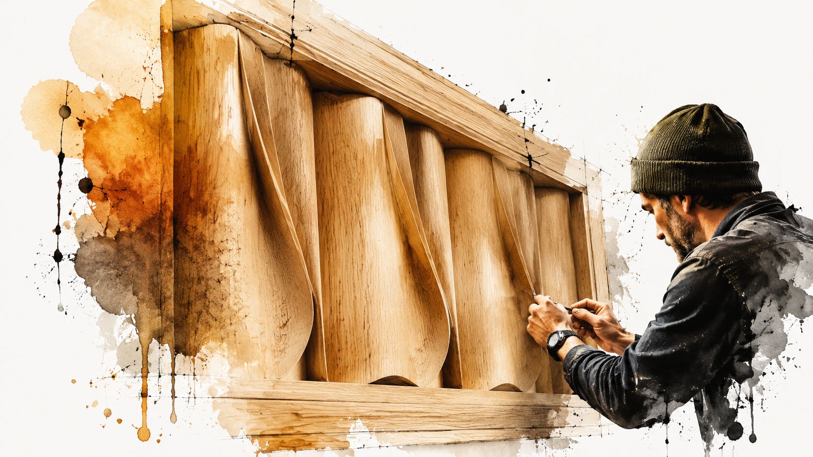 A craftsman carving intricate wooden details on a textured panel inside a studio with watercolor art effects.