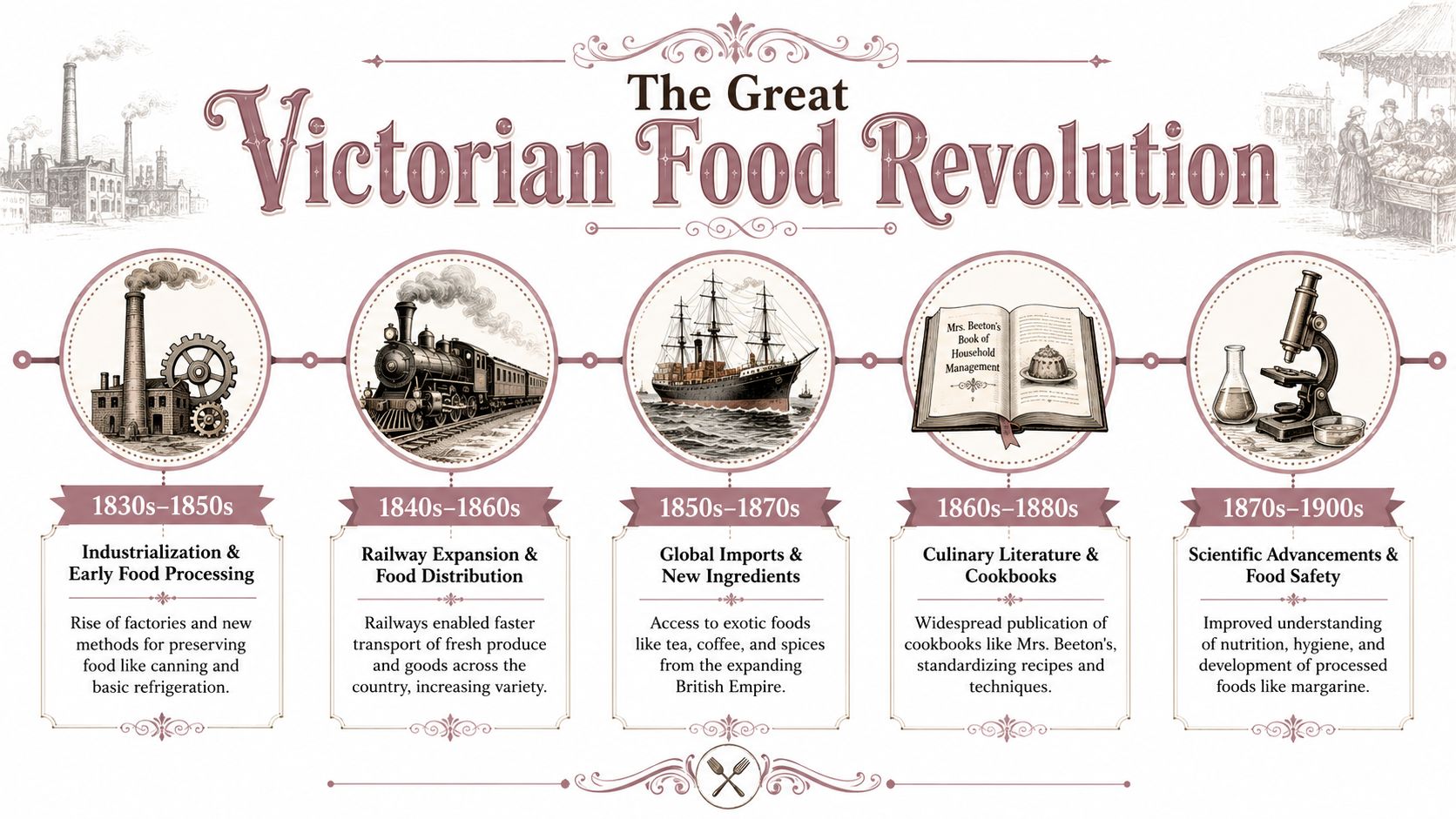 An infographic detailing the Victorian Food Revolution timeline, showcasing industrialization, transportation, global trade, cookbooks, and scientific advancements.