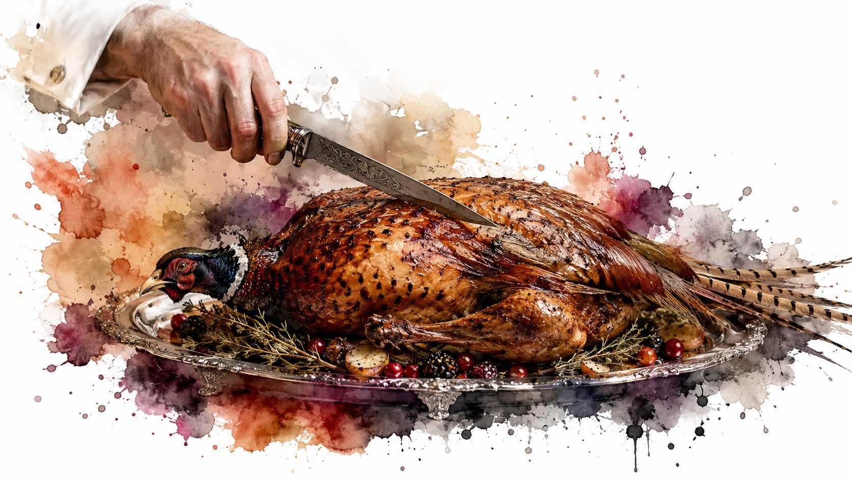 A chef carves a roasted pheasant served on a silver platter with berries and herbs.