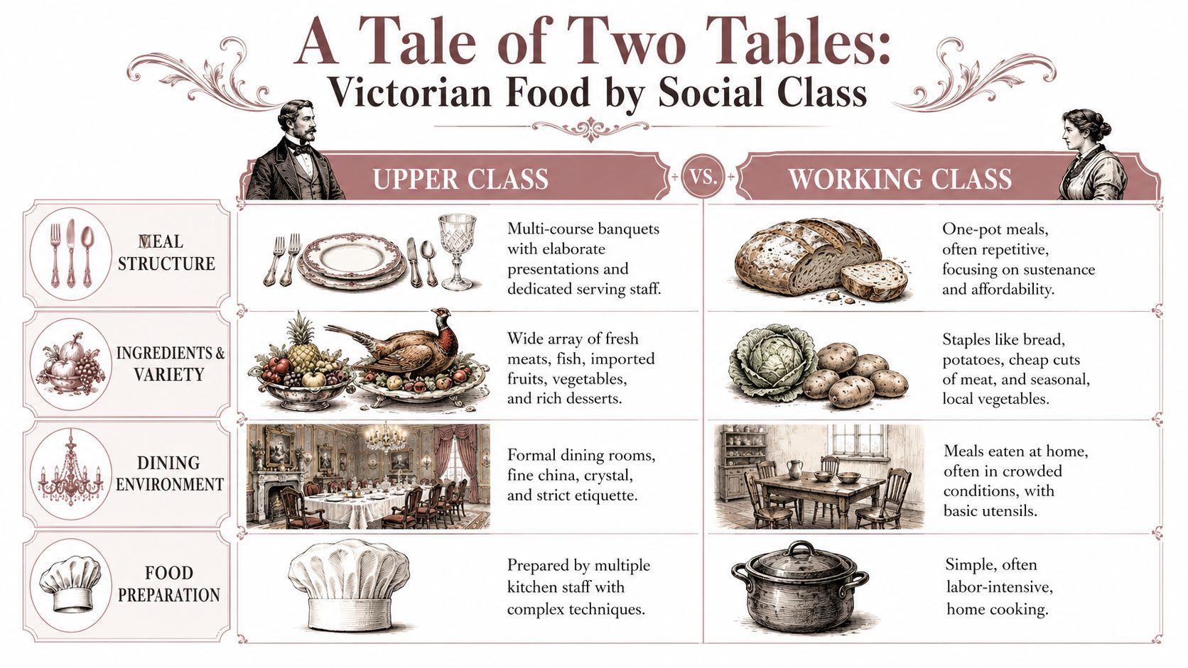 A comparison chart showing the differences between Victorian era upper class and working class food and dining.