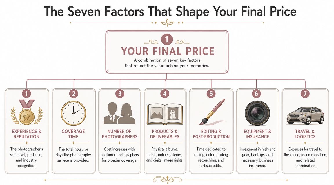 An infographic titled The Seven Factors That Shape Your Final Price for photography services.