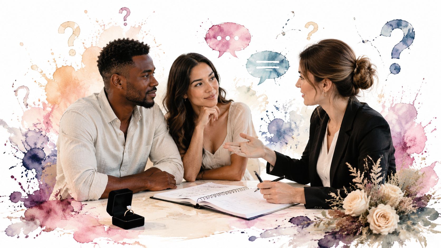 A happy couple sitting with their professional wedding planner to discuss their upcoming wedding celebration plans.