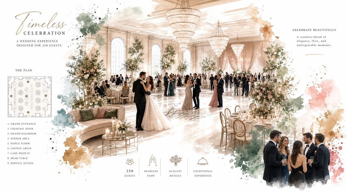 A sophisticated, illustrated advertisement for a luxurious wedding ballroom designed to accommodate 250 guests with elegant seating.