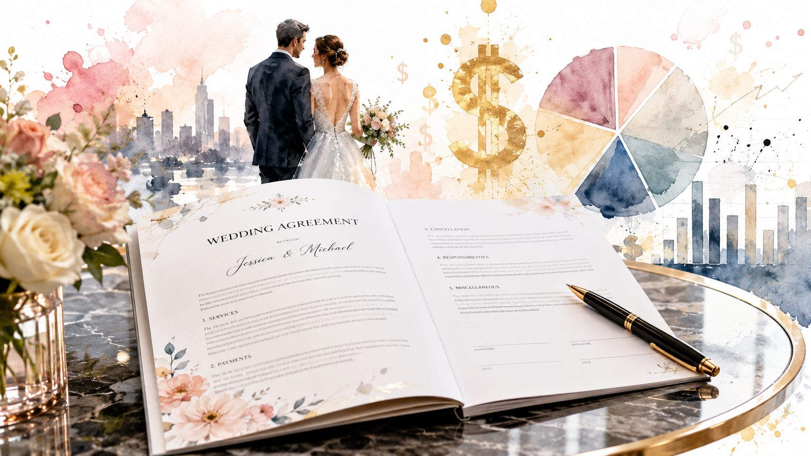A sophisticated wedding agreement book rests on a table with a couple, financial symbols, and data charts.