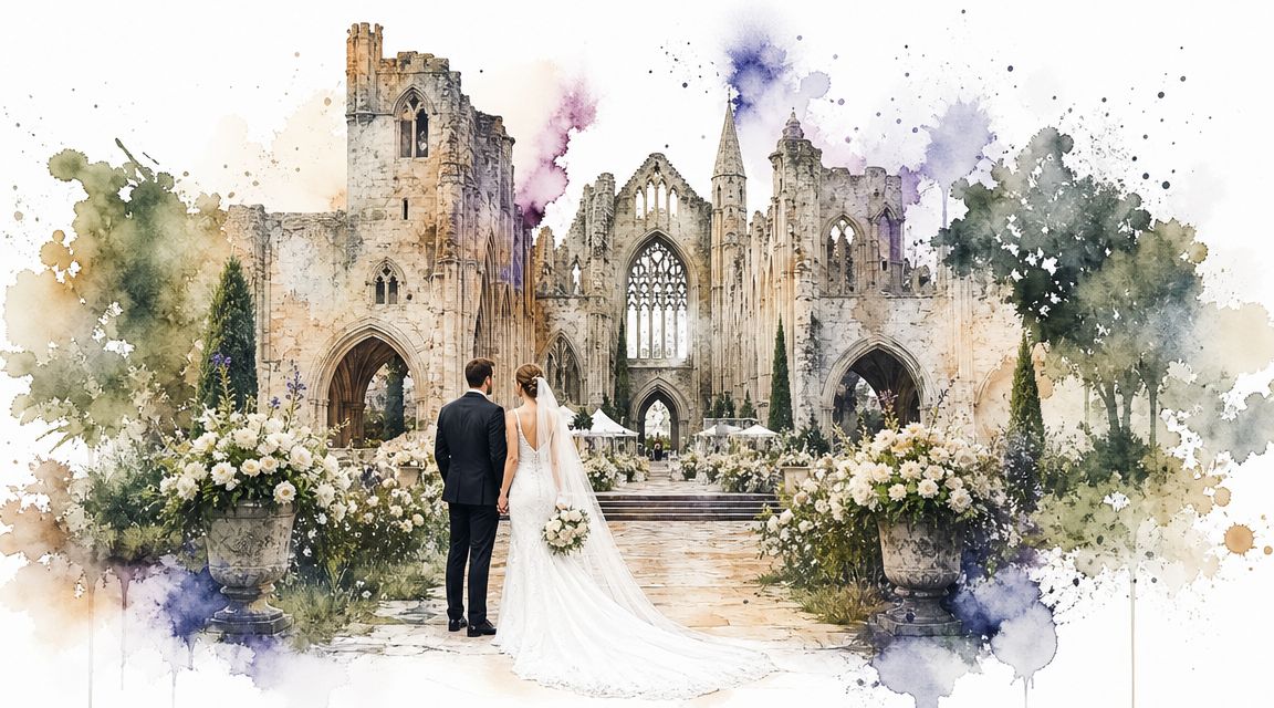 A bride and groom standing before a historic stone ruin at a grand wedding ceremony venue.