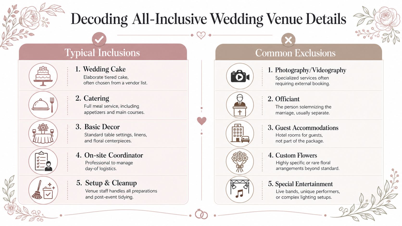 An infographic detailing typical inclusions and common exclusions for all-inclusive wedding venues in a clear format.
