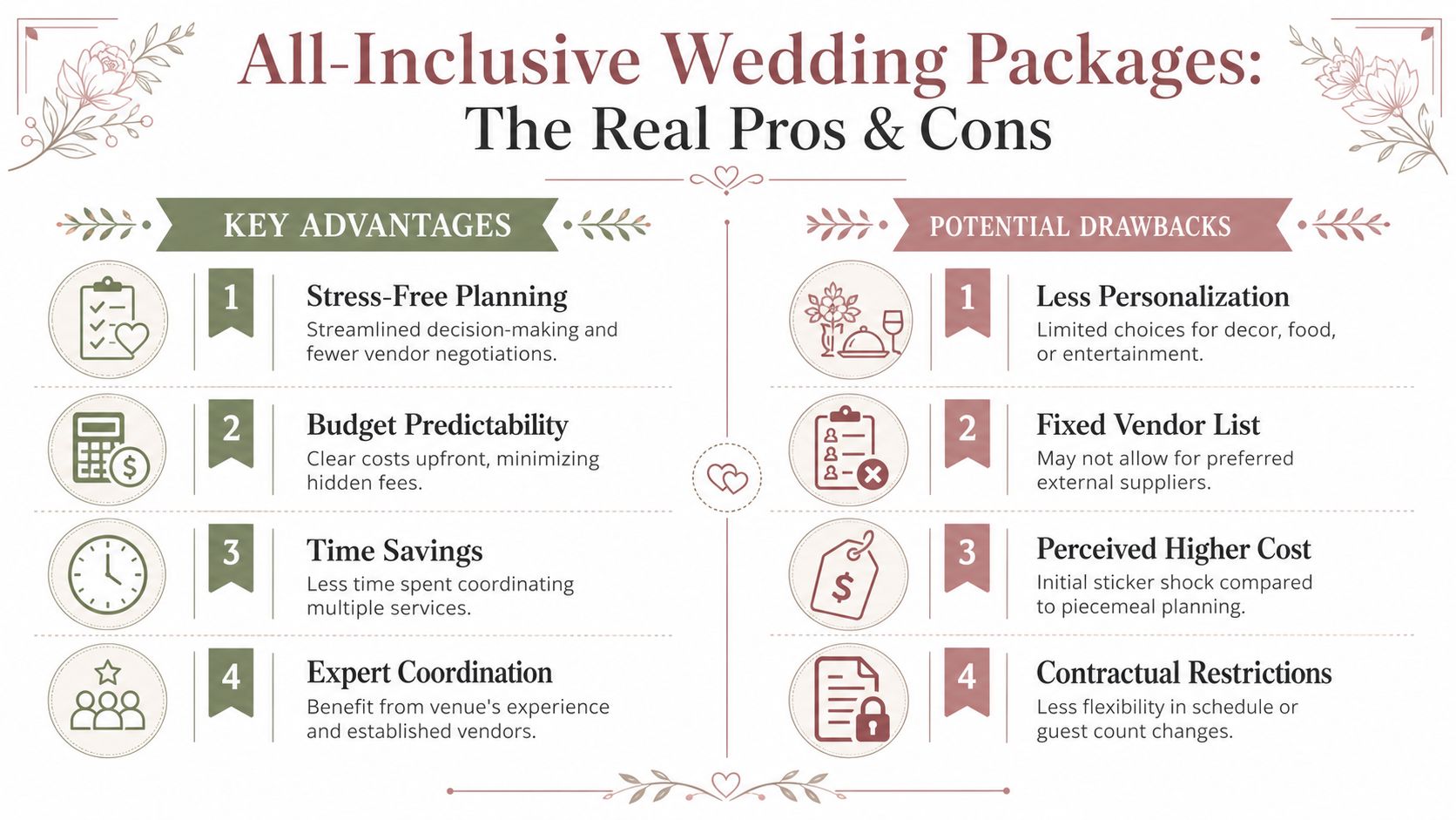 An infographic comparing the pros and cons of choosing all-inclusive wedding packages for your big day.