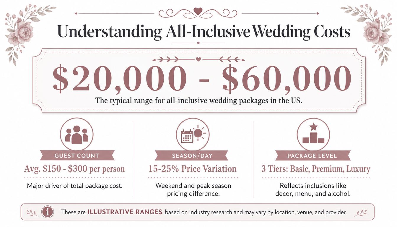 An infographic showing the typical cost range for all-inclusive wedding packages in the United States.