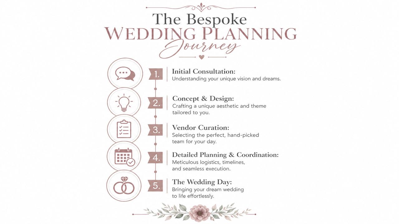 A five-step infographic showing the bespoke wedding planning journey from initial consultation to the wedding day.