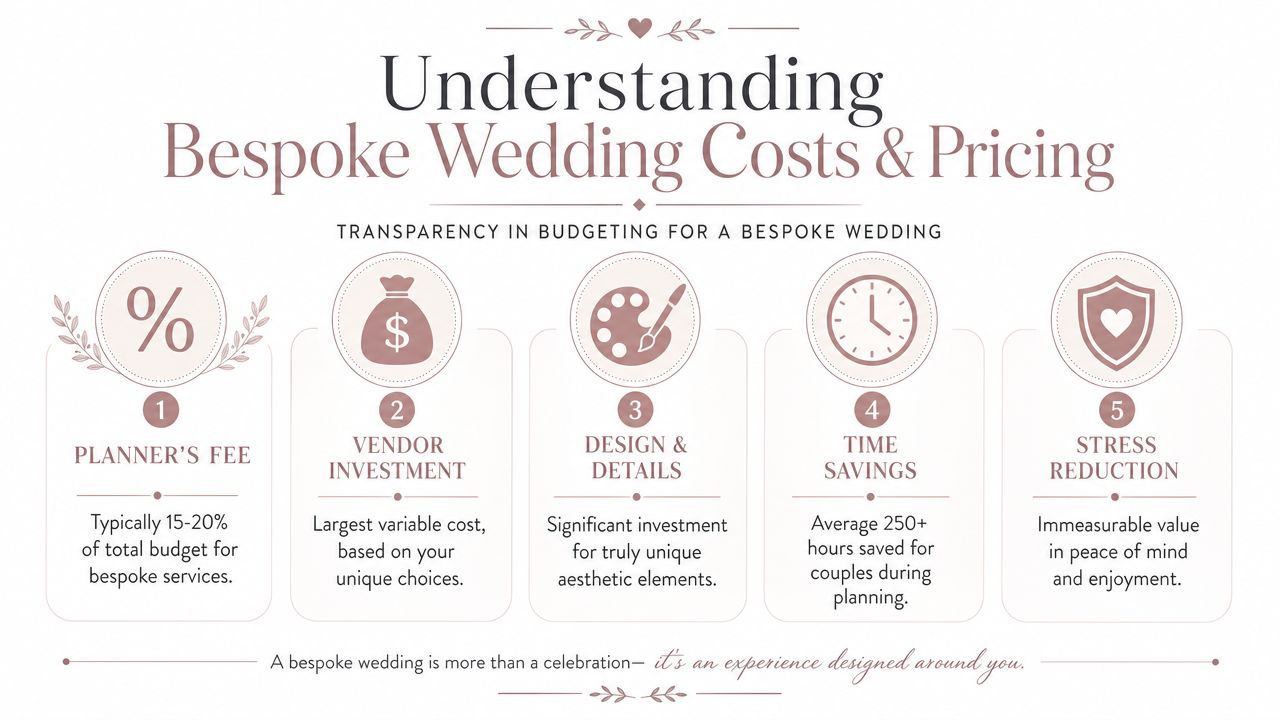 An infographic titled Understanding Bespoke Wedding Costs and Pricing, detailing five key financial components of wedding planning.