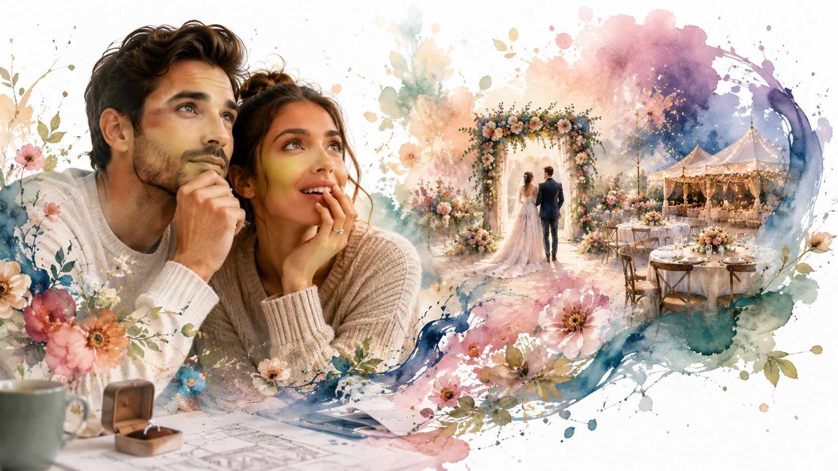 A happy couple imagining their future wedding while looking at an architectural floor plan together.