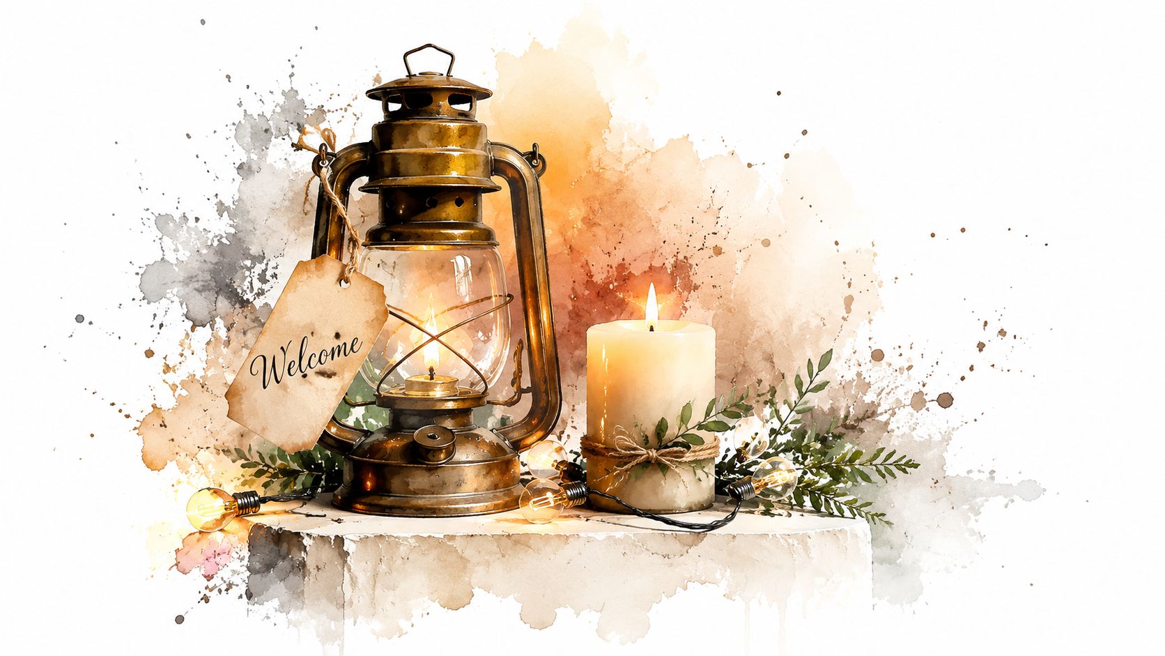 A rustic lantern with a Welcome tag sits beside a lit candle and fairy lights on white.