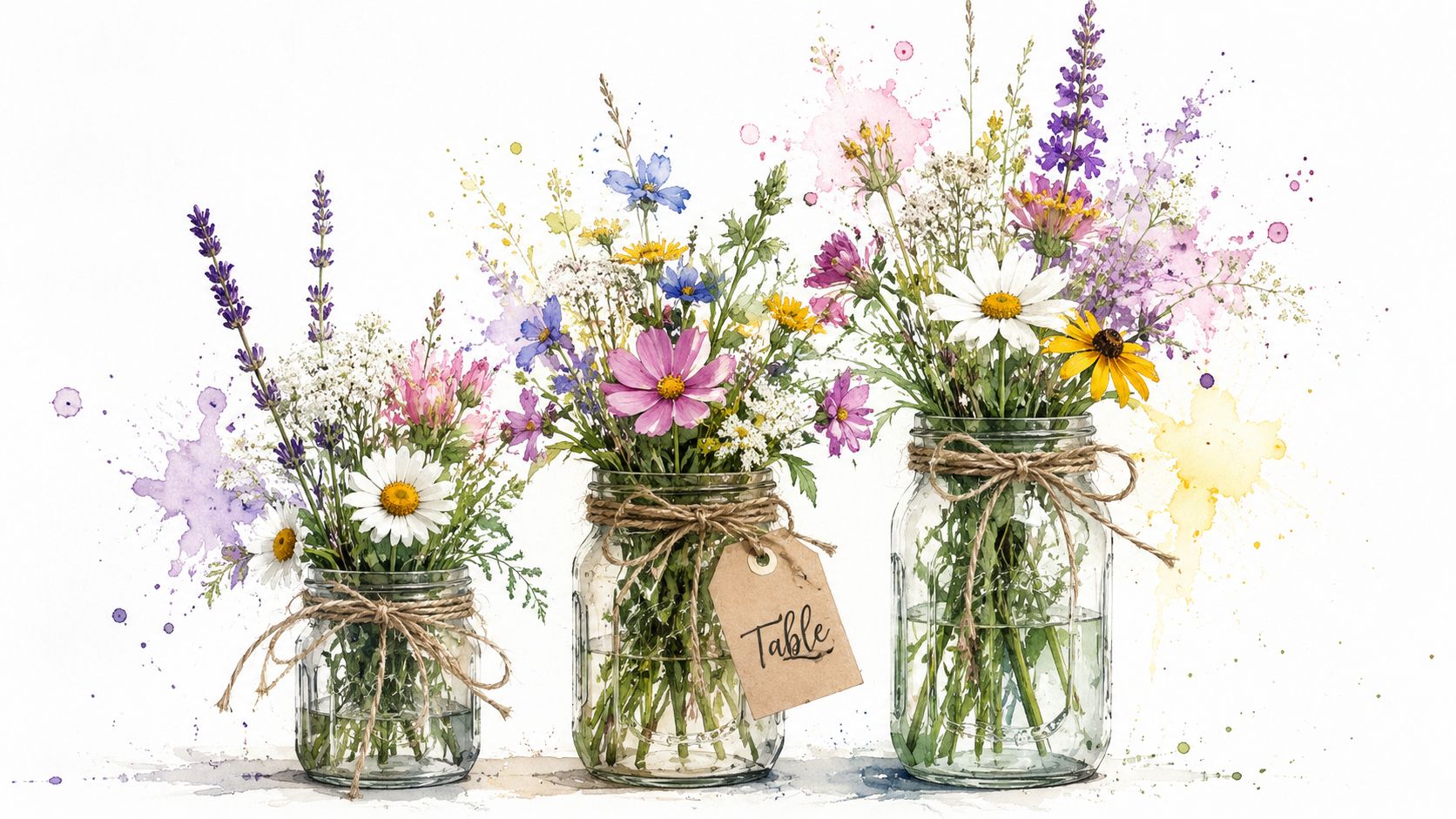 Three glass jars filled with colorful wildflowers, rustic twine, and a table tag on white background.