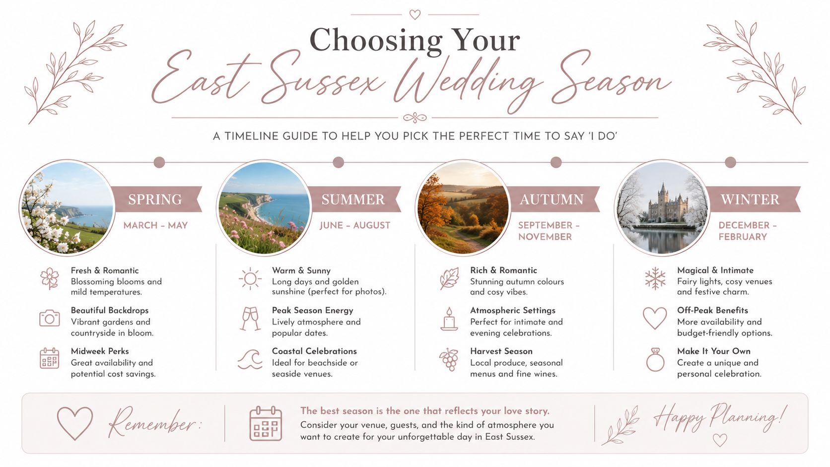 An infographic titled Choosing Your East Sussex Wedding Season describing seasonal options for couples planning their wedding.