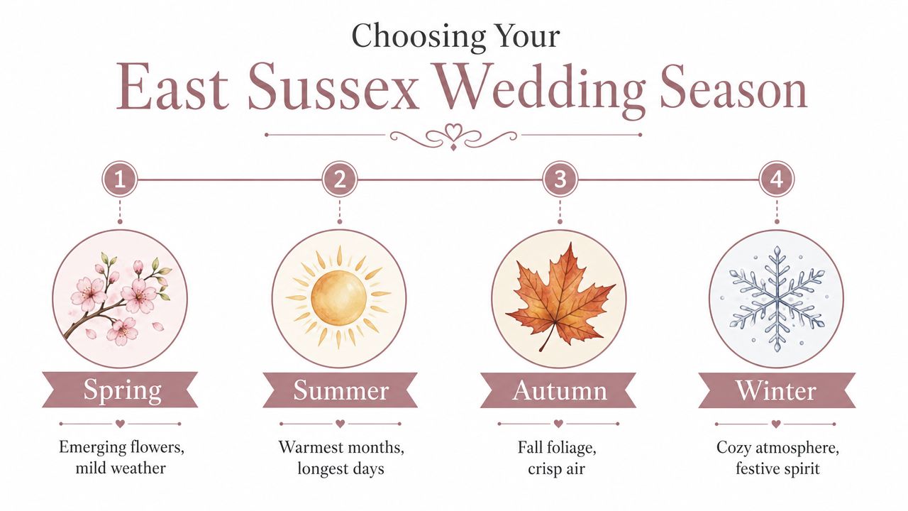 A wedding season guide for East Sussex showing four icons representing spring, summer, autumn, and winter.