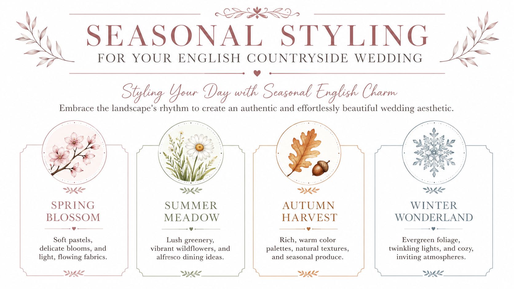 A wedding planning guide illustrating seasonal styling themes for an English countryside wedding through four seasonal categories.