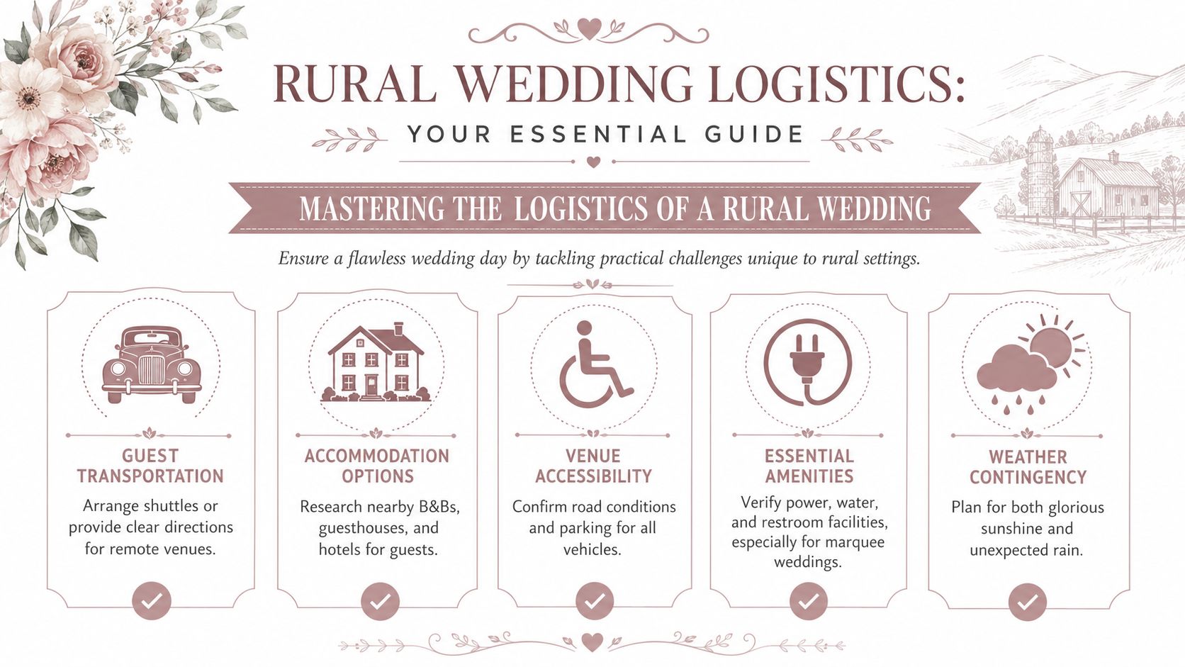 An infographic titled Rural Wedding Logistics providing tips on transportation, accommodation, accessibility, amenities, and weather planning.