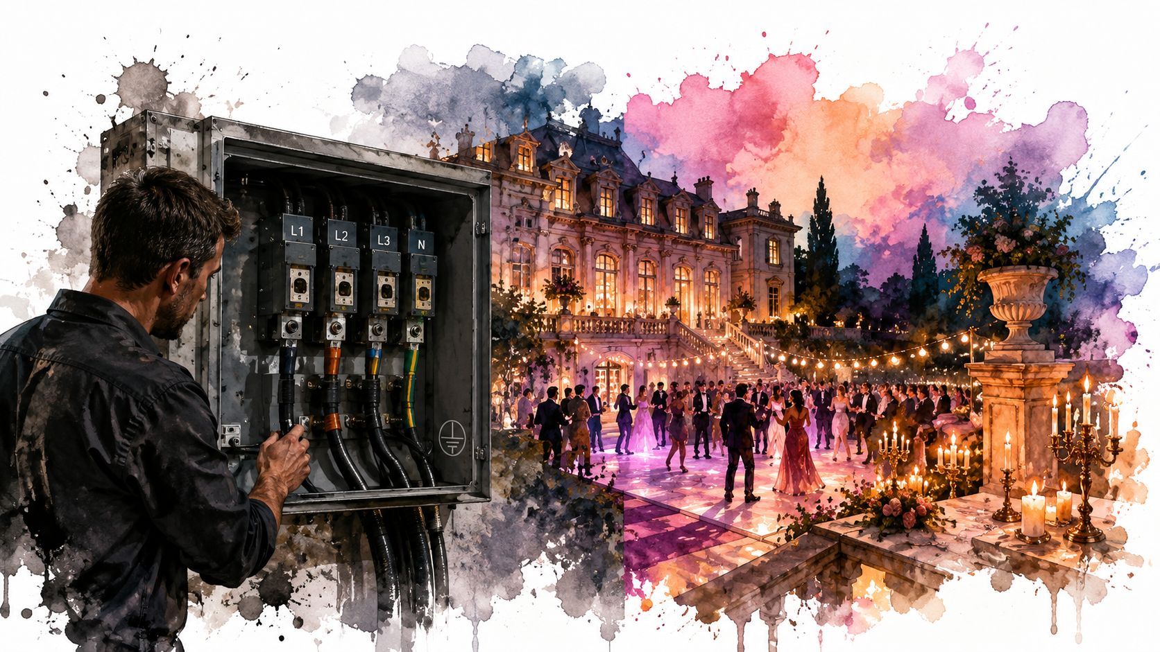 An electrician inspects electrical equipment while a vibrant evening wedding reception occurs at a luxurious mansion nearby.