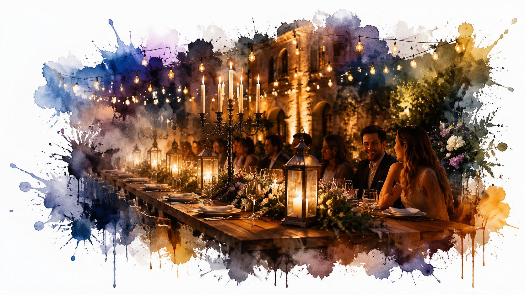 A couple dining at an elegant outdoor wedding reception decorated with fairy lights and warm candlelight.