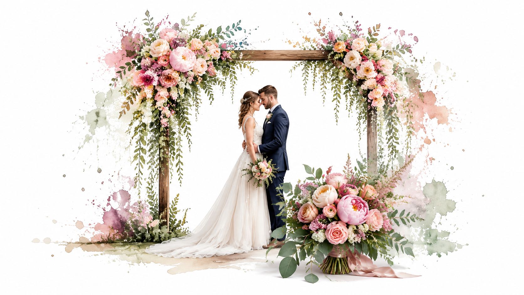 A bride and groom standing under a floral wedding arch with a bouquet of flowers in the foreground.