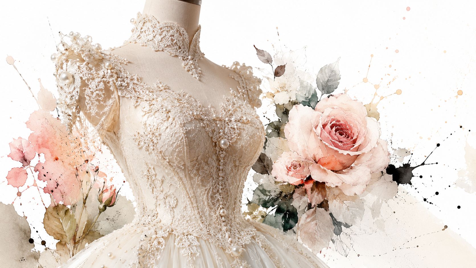 An elegant wedding dress on a mannequin decorated with vintage lace, pearls, and soft watercolor rose art.
