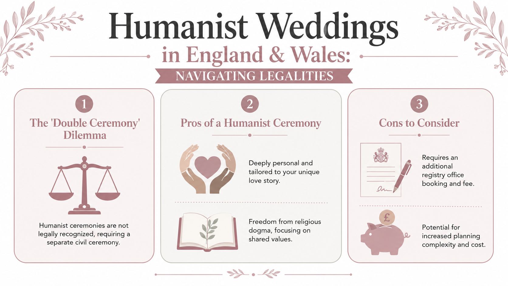 An infographic titled Humanist Weddings in England and Wales explaining the legalities, pros, and cons involved.